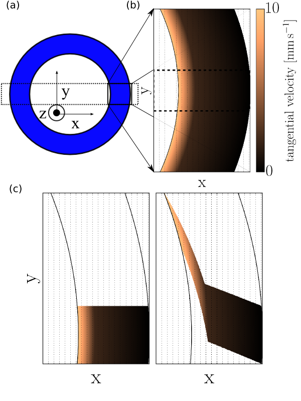 Fig.1: (a) Schematic top view of Couette cell. Dashed rectangle indicates slice. (b) Curvature effect for wide and narrow (indicated by dashed rectangle) slice. (c) Deformed narrow slice at the end k-space acquisition period (same colourmap as (b)). Get